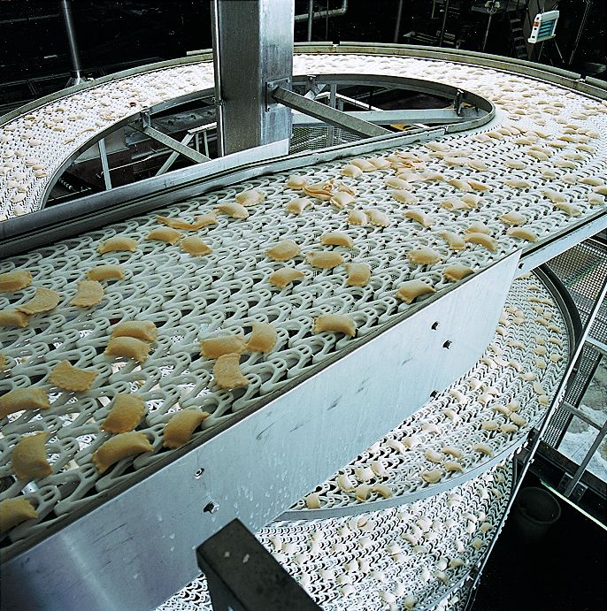 Spirali di raffreddamento, asciugatura ed essiccazione con nastri modulari Prolink a superficie aperta