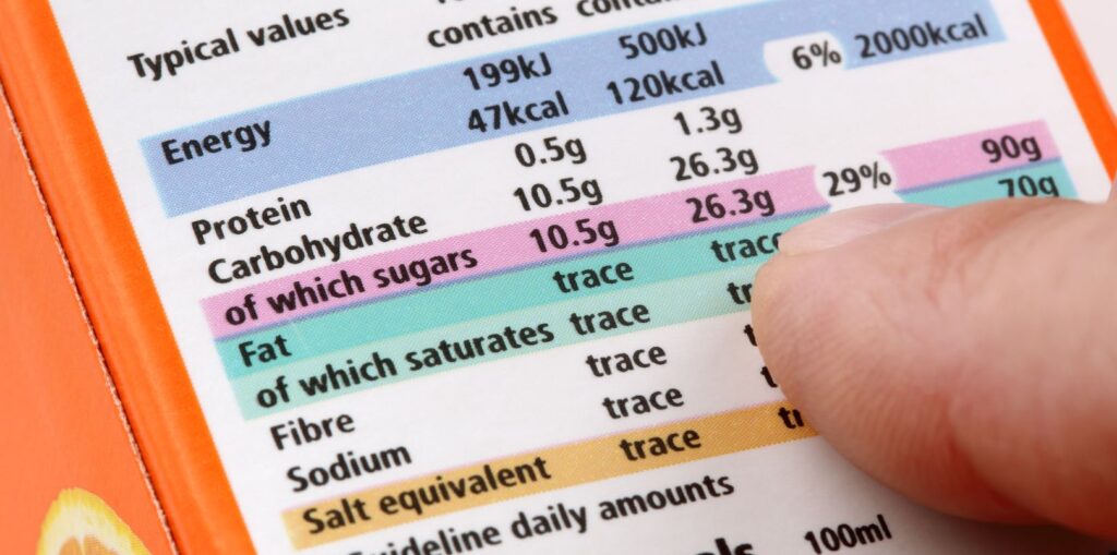 Reading a nutrition label on food packaging