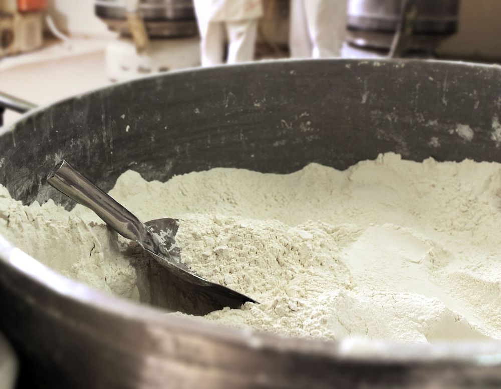 Bread factory surveillance, wheat and two workers