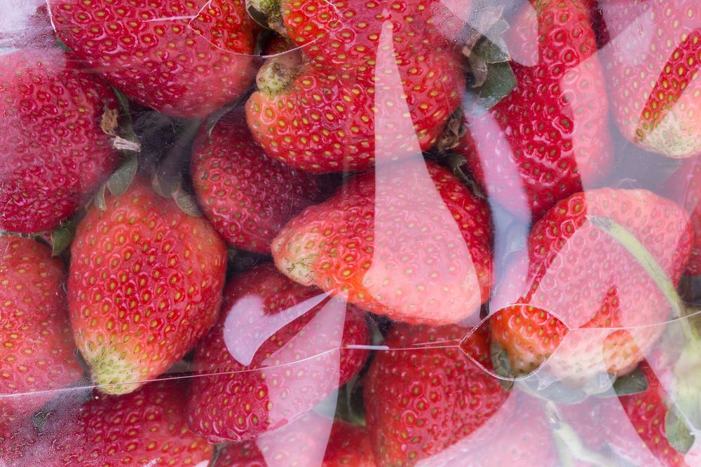 strawberry juicy fruit in plastic bag packaging